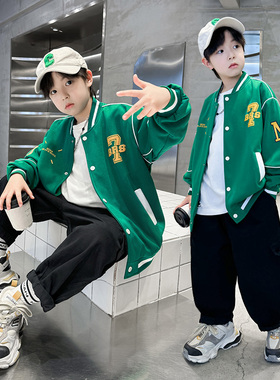 男童棒球服外套春秋休闲单排扣夹克帅气潮酷绿色运动外套2026薄款