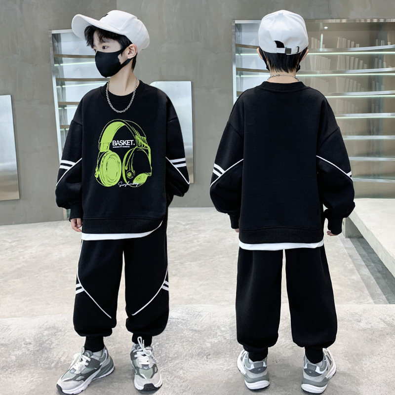 2026长袖薄款韩版男童春秋套装中大童潮酷卫衣两件套宽松落肩袖潮