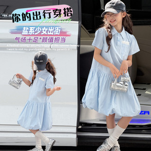 女童学院风衬衫连衣裙夏季短袖浅蓝色洋气甜美少女风中大童透气薄