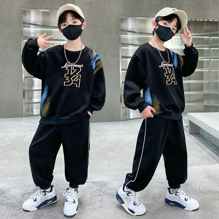 长袖薄款美式嘻哈风男童运动套装春秋帅气潮流印花卫衣两件套休闲