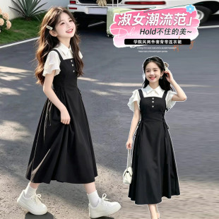 2026学院风衬衫背带裙女童夏季小个子两件套装收腰显瘦黑色连衣裙