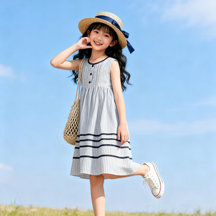 甜美条纹连衣裙女童夏季无袖中裙蛋糕裙淑女风棉质儿童裙透气薄款