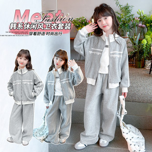 长袖薄款女童休闲运动套装春季新款洋气两件套初中生灰色拉链外套