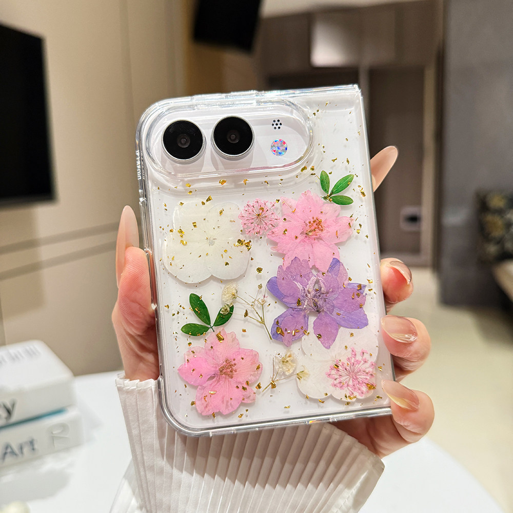 《繁花凝露》适用iPhone Duo女款金银箔永生花真干花苹果Duo手机壳鲜花折叠保护套