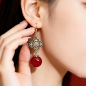 天然珊瑚玉耳饰酒红女新中式 复古风耳坠仙气玉兰轻奢高级感耳饰环