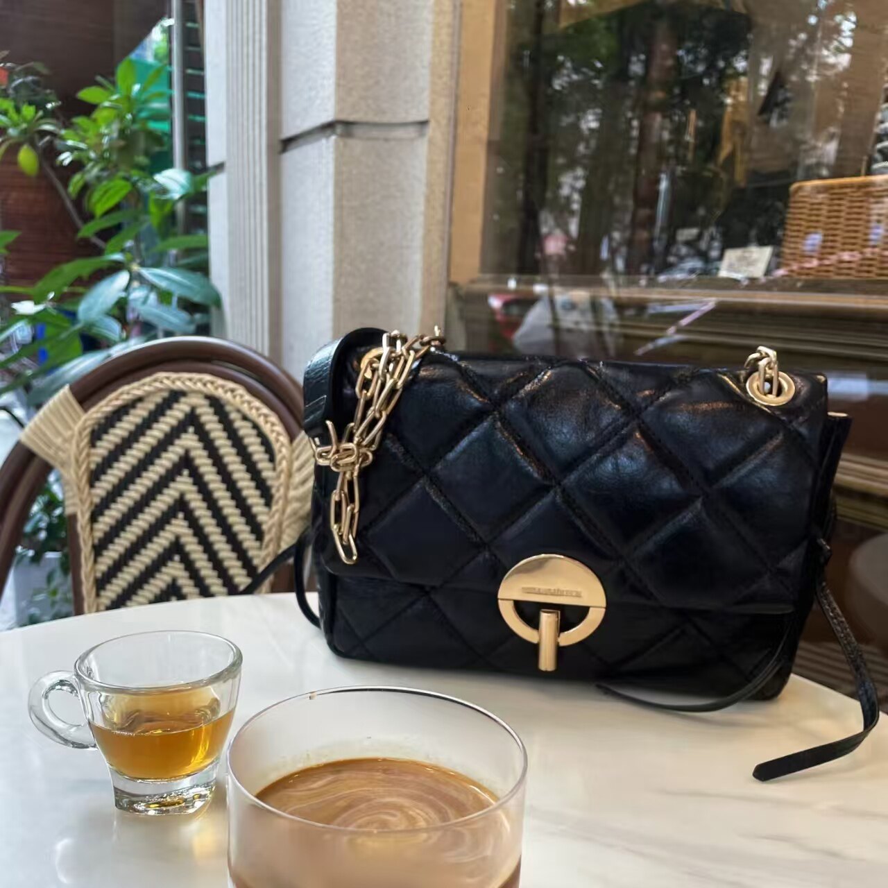 法式轻奢小香风女包大菱格链条腋下包真皮单肩斜跨包黑色百搭时尚