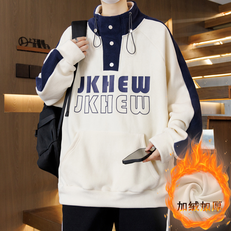 秋冬季半高领卫衣13岁男孩初中学生加绒加厚内搭15大童打底衫上衣