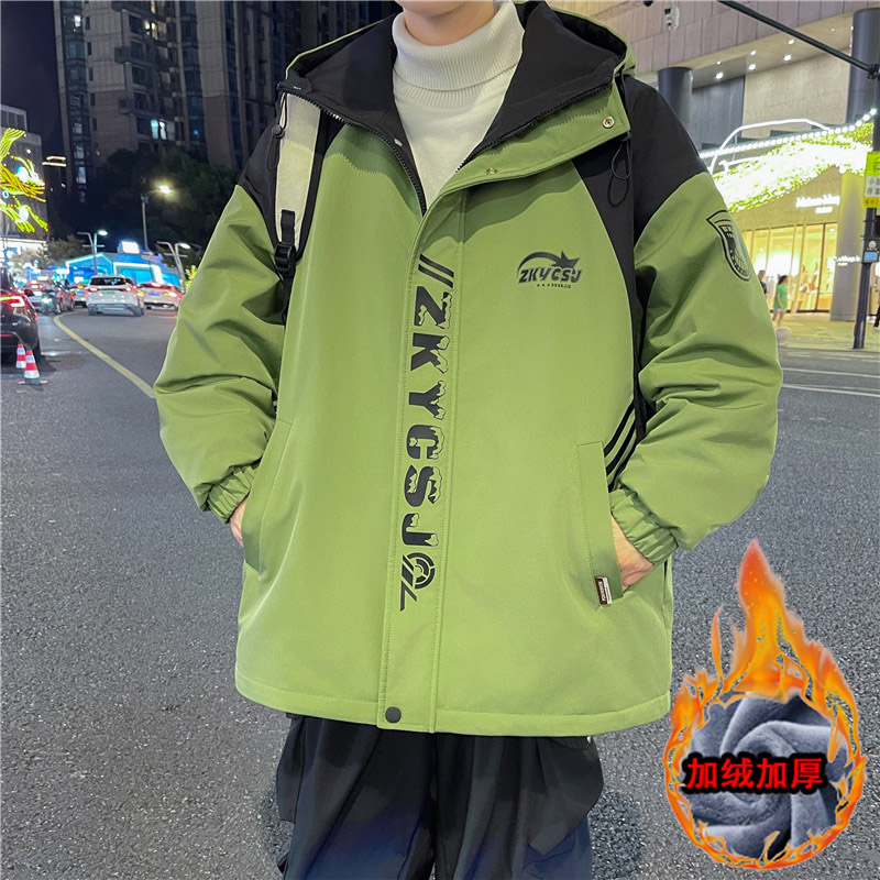 青少年秋冬装冲锋衣外套男孩初中学生加绒加厚夹克棉袄大童派克服