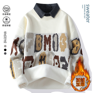 秋冬装 青少年假两件毛衣男孩帅气学生加厚加绒线衣大童打底针织衫