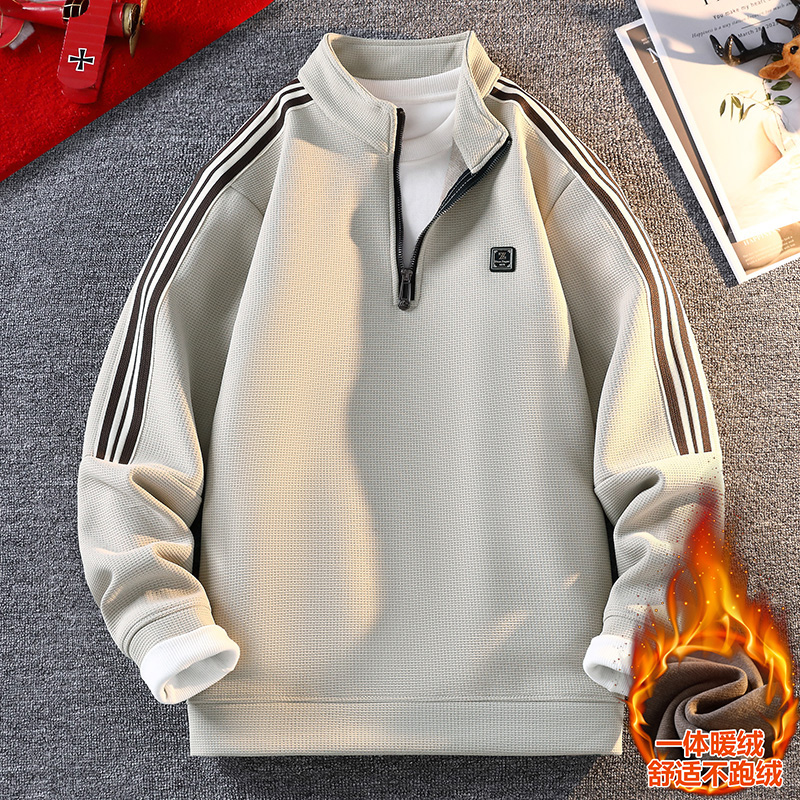 秋冬装翻领卫衣男孩青少年学生加厚休闲运动上衣大童一体绒打底衫