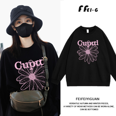 张小霏明星同款黑色卫衣女套头新款秋季印花圆领长袖休闲宽松外套