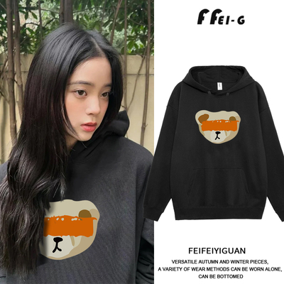 2025欧阳娜娜同款黑色连帽卫衣女印花小熊长袖休闲宽松情侣上衣潮