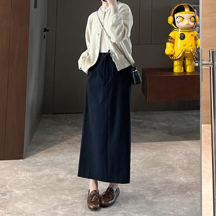 棉半松紧腰抽绳后开叉H型半裙 绵羊毛 衣橱百搭王上任 气质优雅