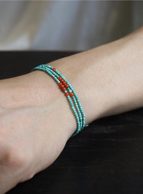 绿松石三圈多宝手链女3mm极细小米珠南红小众新中式2025新款爆款