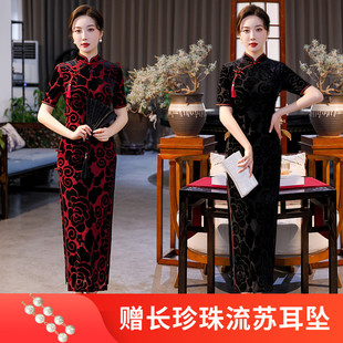 2024早秋新款中国风韩国绒长款复古旗袍女装少女改良连衣裙日常