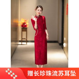 2023秋冬款中国风牛奶丝红色长款斜襟旗袍女装连衣裙少女修身显瘦
