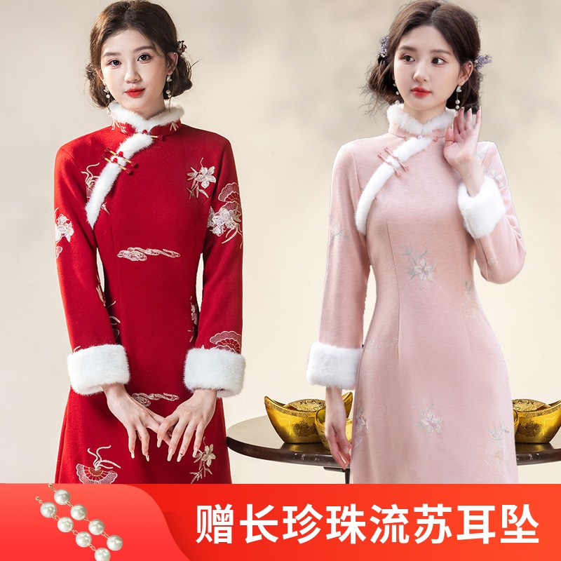 新式旗袍2025秋冬款中国风优雅气质短款仿羊绒加绒加厚修身显瘦