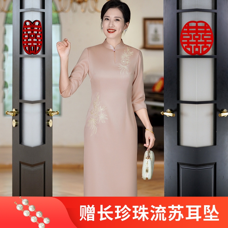 秋冬醋酸弹力缎刺绣旗袍七分袖修身显瘦日常连衣裙礼服妈妈装双层