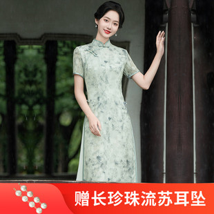 2024春夏款中国风雪纺剪花中长款复古奥黛旗袍女装少女改良连衣裙