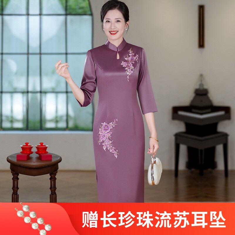 秋冬醋酸弹力缎刺绣旗袍七分袖修身显瘦日常连衣裙礼服妈妈装双层