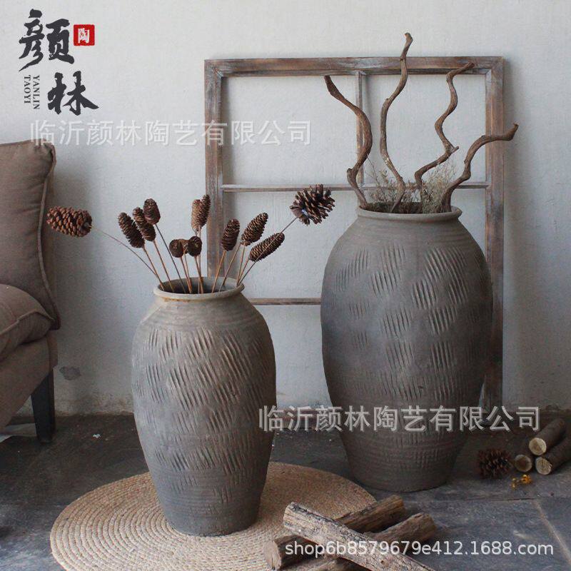 怀旧粗陶瓶落地土陶瓶陶罐瘦高灰色系仛寂风格陶罐花瓶复古民宿缸