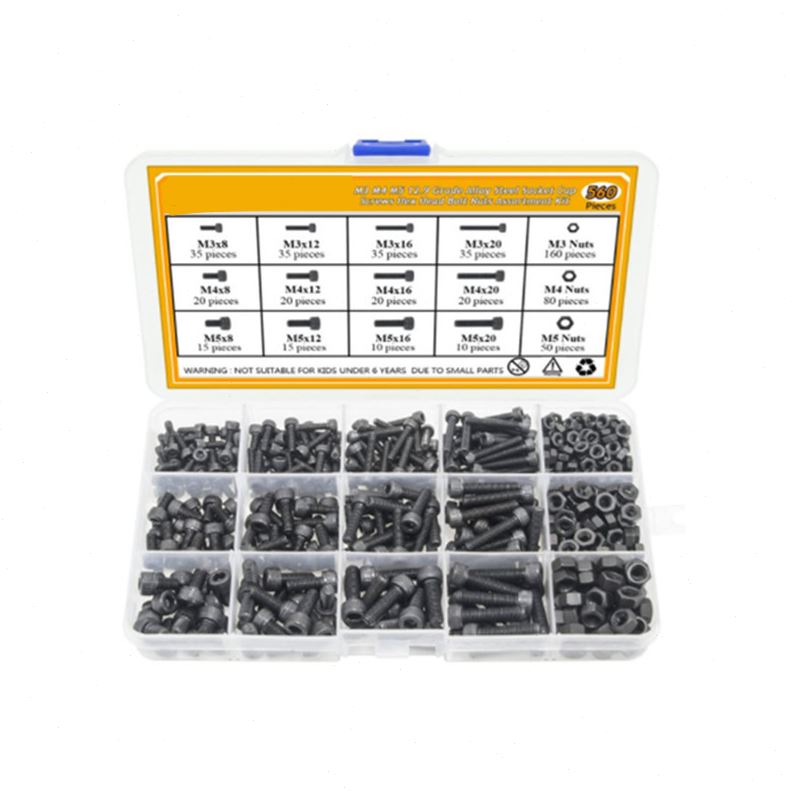560pcs/盒装 M3 M4 M5碳钢圆柱头内六角螺丝配螺母套装