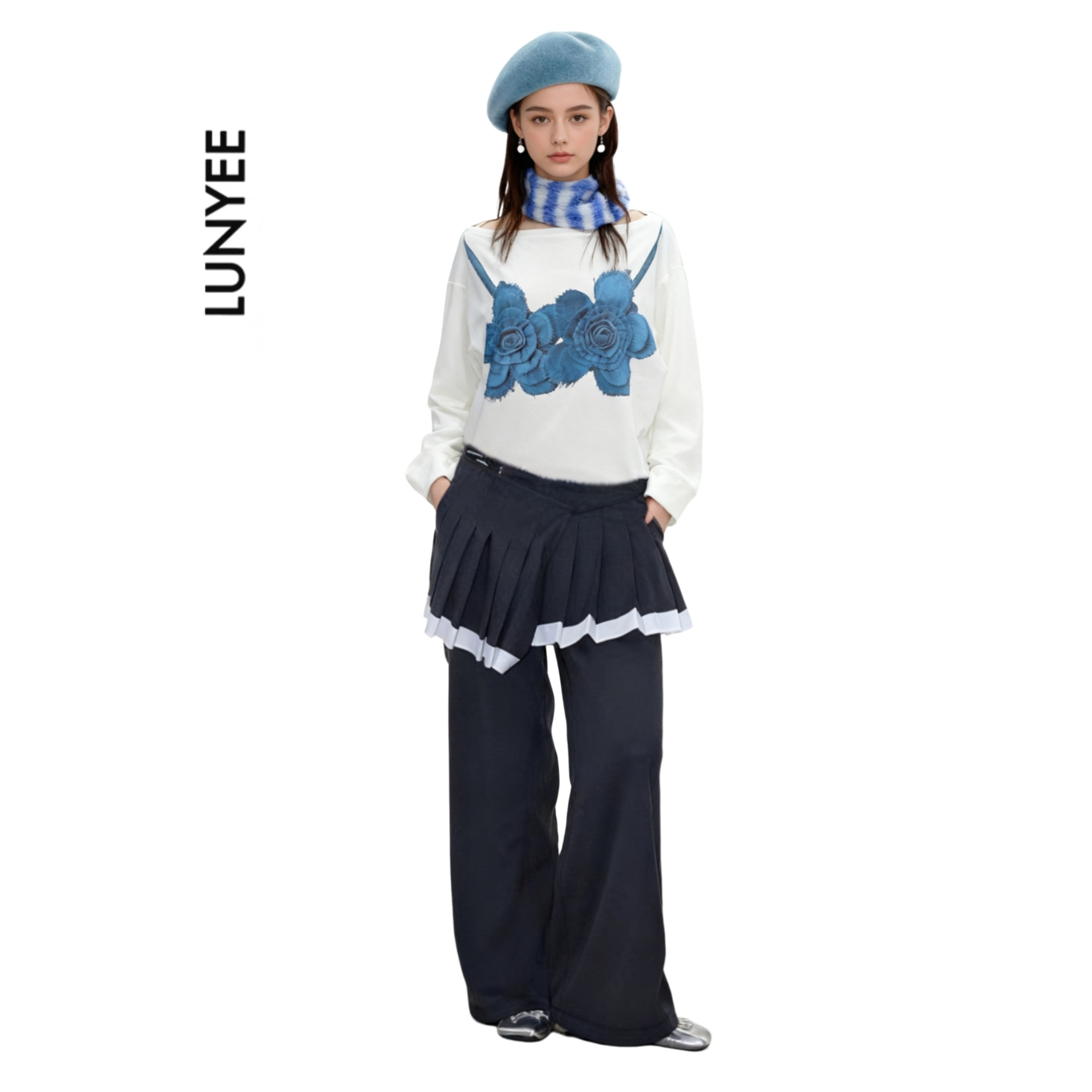 LUNYEE拼接设计高级假两阔腿裤百褶裙西裤垂感通勤高腰微喇休闲裤