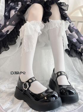日系洛丽塔蝴蝶结花边短袜中筒袜子女JK白色甜美lolita蕾丝小腿袜