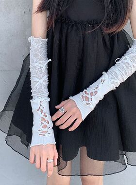 芭蕾风y2k洛丽塔手套白色蕾丝袖套女薄款夏季防晒辣妹绑带长露指