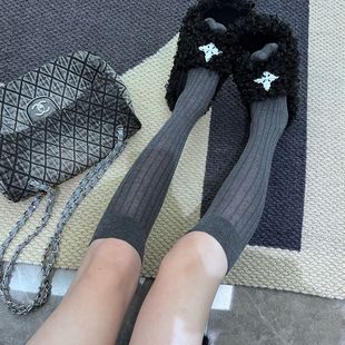 新款 网红灰色显瘦针织中筒袜日系秋季 竖条纹棉质小腿袜JK韩潮长袜