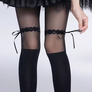 纯欲风Lolita拼接黑色丝袜女百搭显瘦绑带蝴蝶结黑丝打底连裤 袜