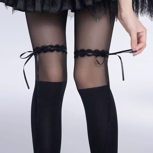 纯欲风Lolita拼接黑色丝袜女百搭显瘦绑带蝴蝶结黑丝打底连裤袜