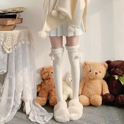 毛球加绒lolita过膝袜子女秋冬季长筒加厚日系jk洛丽塔白色小腿袜