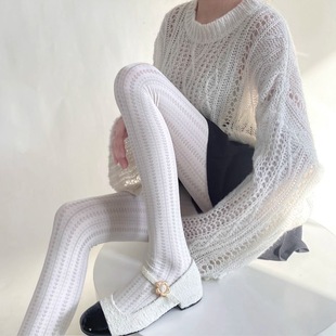 复古镂空爱心麻花白色连裤袜女春秋季薄款微透烟灰色提花网袜丝袜