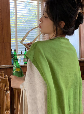 甜美亮色系春夏季2025空调披肩女纯色针织百搭外搭韩版坎肩上衣