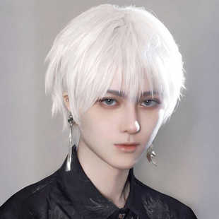 假发男生短发白毛韩版帅气造型白色cos动漫万用逼真基佬毛全头套
