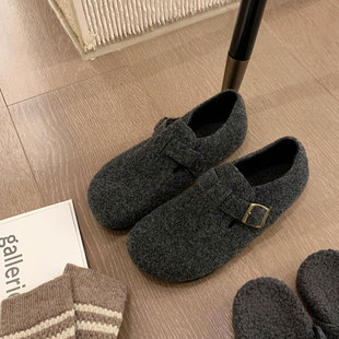 2026年新款真皮保暖加绒内增高毛毛半拖外穿厚底勃肯女鞋秋冬款