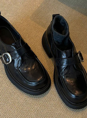 水洗牛皮~真皮复古英伦风小皮鞋女春季新款中跟单鞋皮带扣乐福鞋