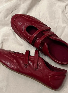 复古红色法式玛丽珍鞋女2025年新款魔术贴休闲芭蕾舞单鞋平底鞋女