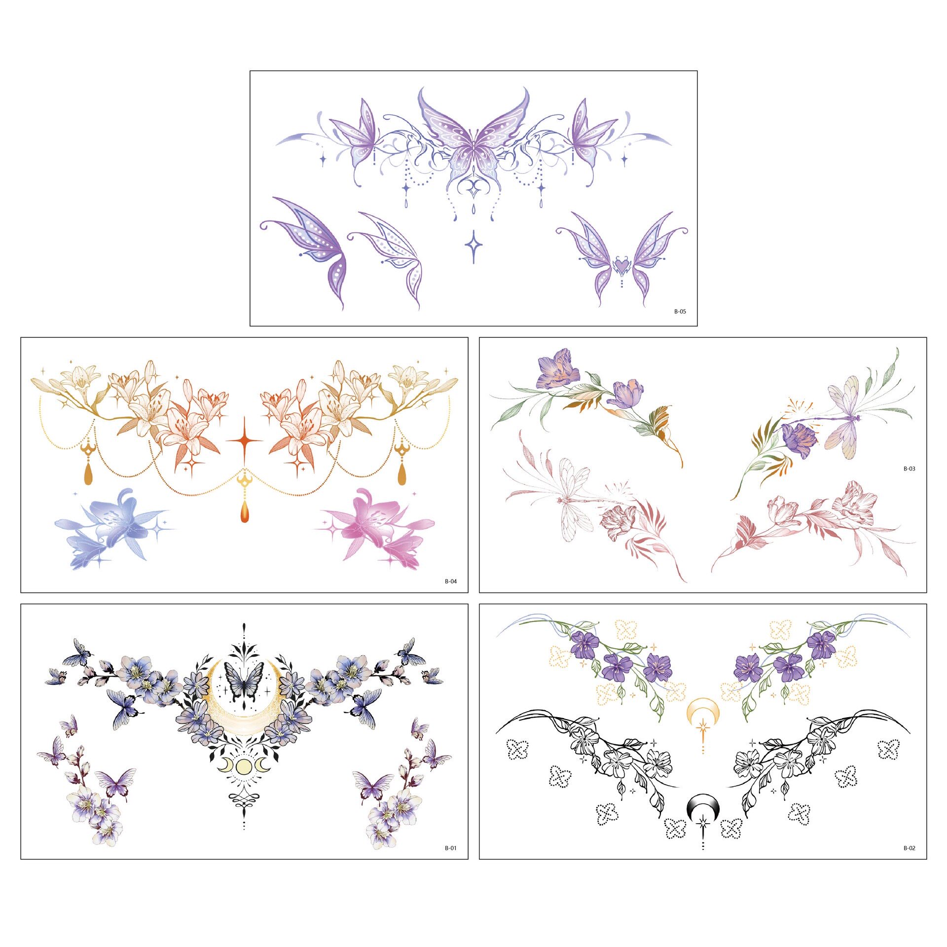 花朵蝴蝶胸部纹身贴个性仿真比基尼性感唯美多巴胺花环临时纹身贴