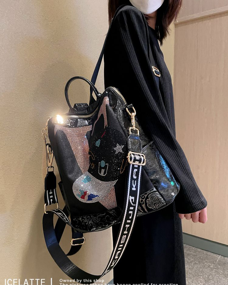 高级感小众真皮双肩包女2024新款时尚潮流烫钻女士旅行背包多功能