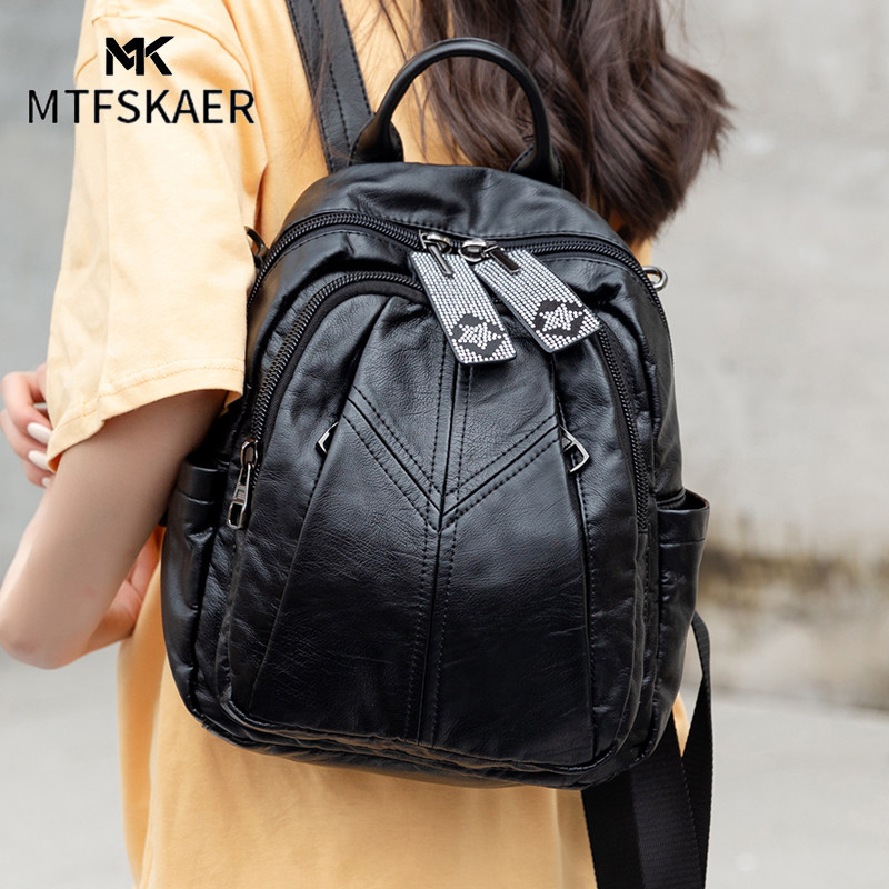 香港MTFSKAER轻奢多袋真皮双肩包女新款百搭软皮大容量妈妈背包