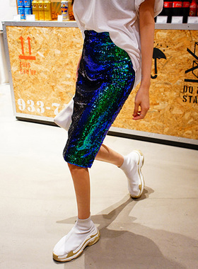 星光闪闪亮片绿色半身长裙女春夏设计感小众显瘦高腰包臀一步裙