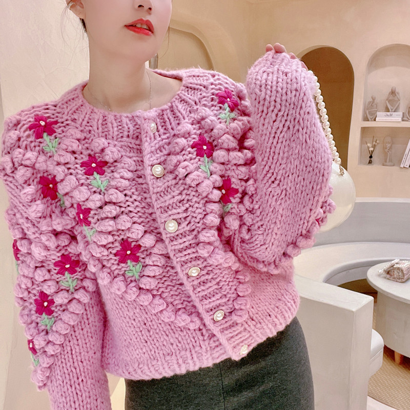 樱桃粉立体毛球手钩花朵毛衣女外套粗毛线甜美小众设计感针织开衫