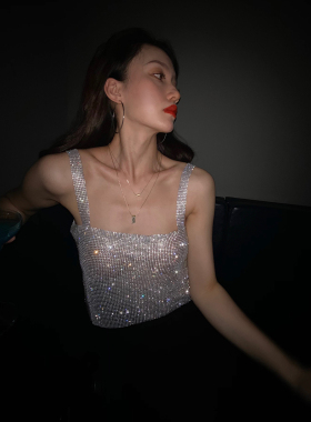 别致闪闪亮片性感小吊带背心blingbling烫钻夜店短款抹胸银色上衣