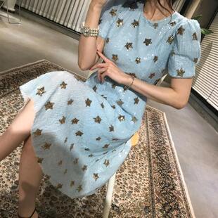 亮片大露背连衣裙超仙心机裙子设计感甜美星星高腰中长裙泰国度假