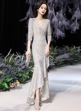 鱼尾晚礼服2025新款银色亮片气质优雅礼服裙晚宴主持人年会礼服秋