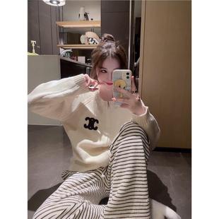 凯旋门贴布毛衣拉链开衫外套女秋季宽松长袖慵懒风提花针织衫上衣