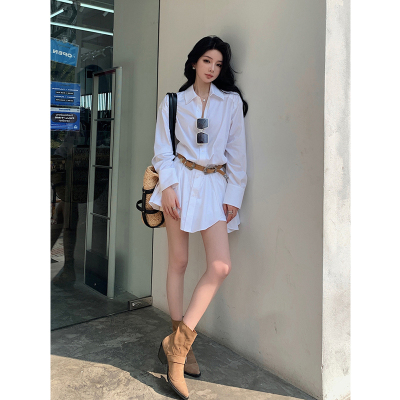 polo领长袖白色衬衫裙女2025春季新款设计感气质收腰不规则连衣裙