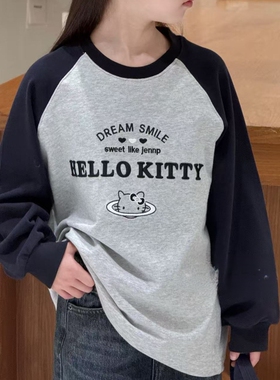 波拉韩国童装2025秋季男童拼色长袖女童洋气hellokitty猫字母T恤